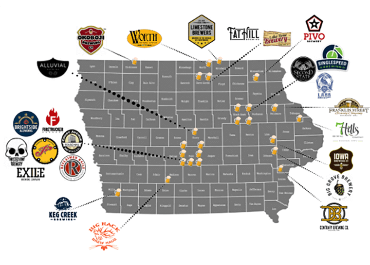 map of certified green breweries in Iowa