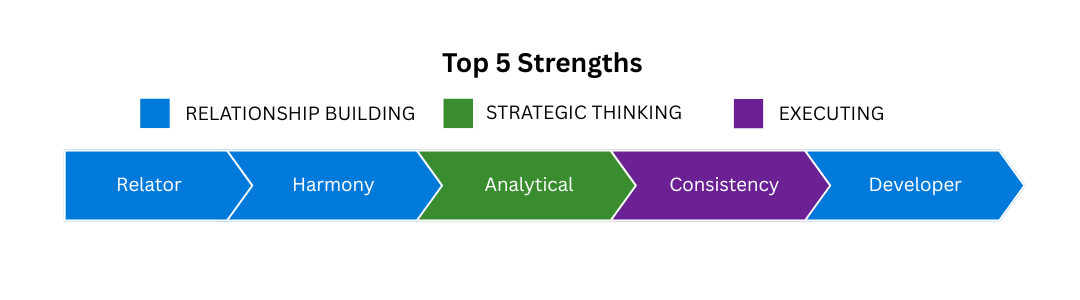 Strengths: Relator, Harmony, Analytical, Consistency, Developer