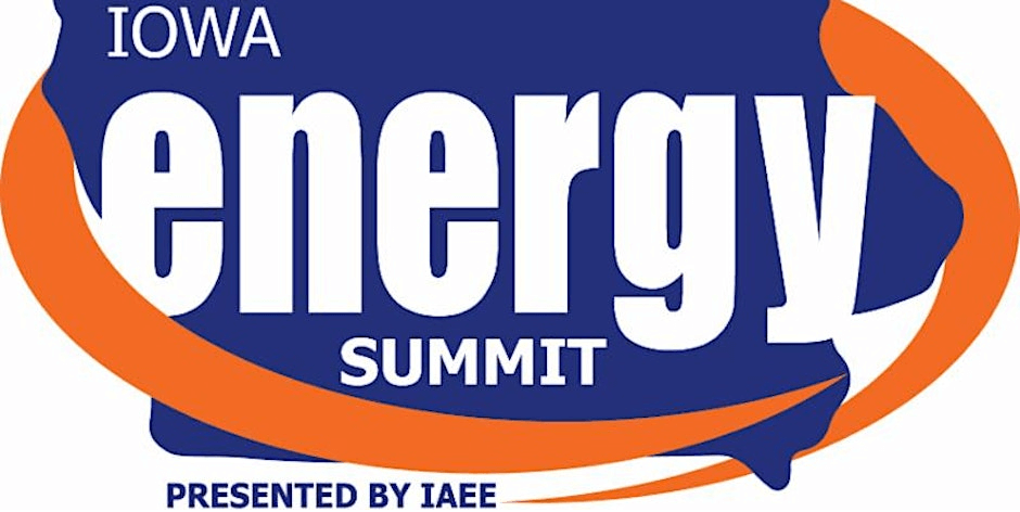 Blue state of Iowa with orange circle Iowa Energy Summit logo