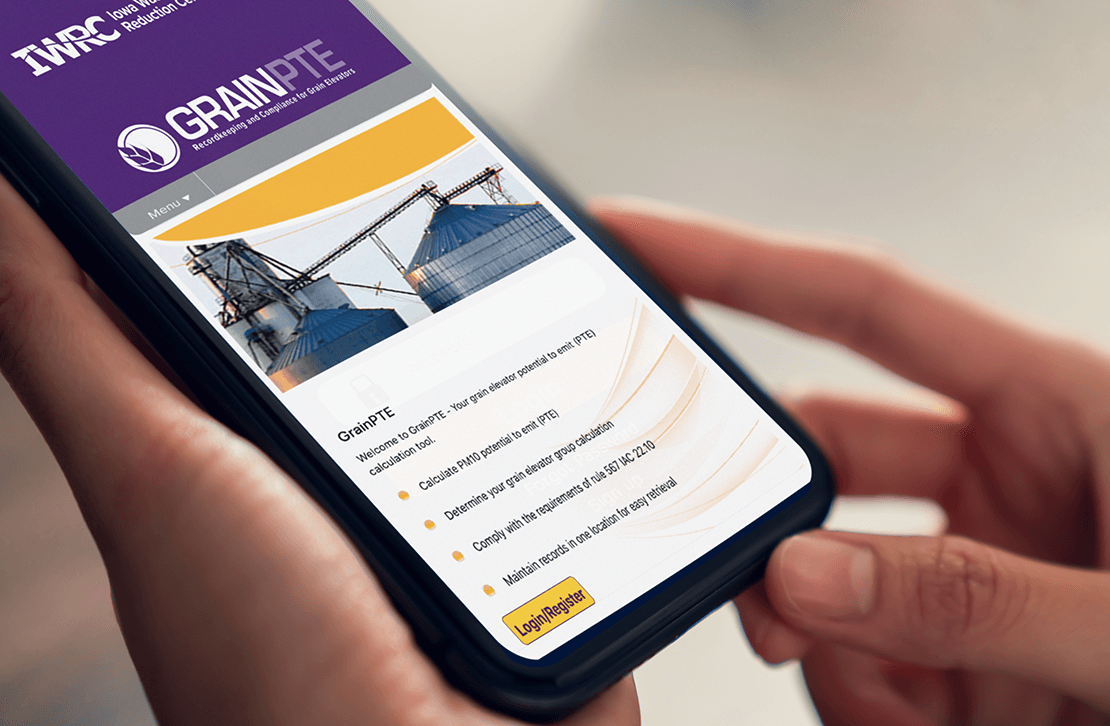 hands holding phone with GrainPTE web app on screen