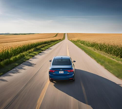 blue sedan driving on an two lane asphalt road with corn fields on both sides of the road