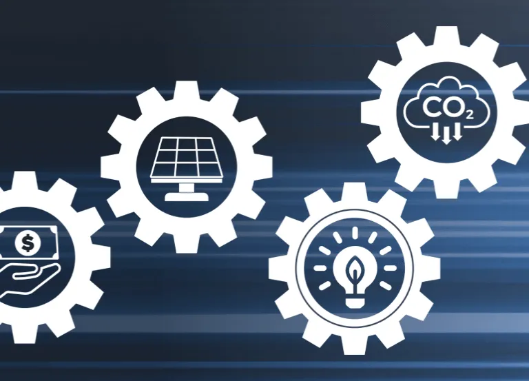 Person holding clipboard in background with icon images to illustrate energy efficiency